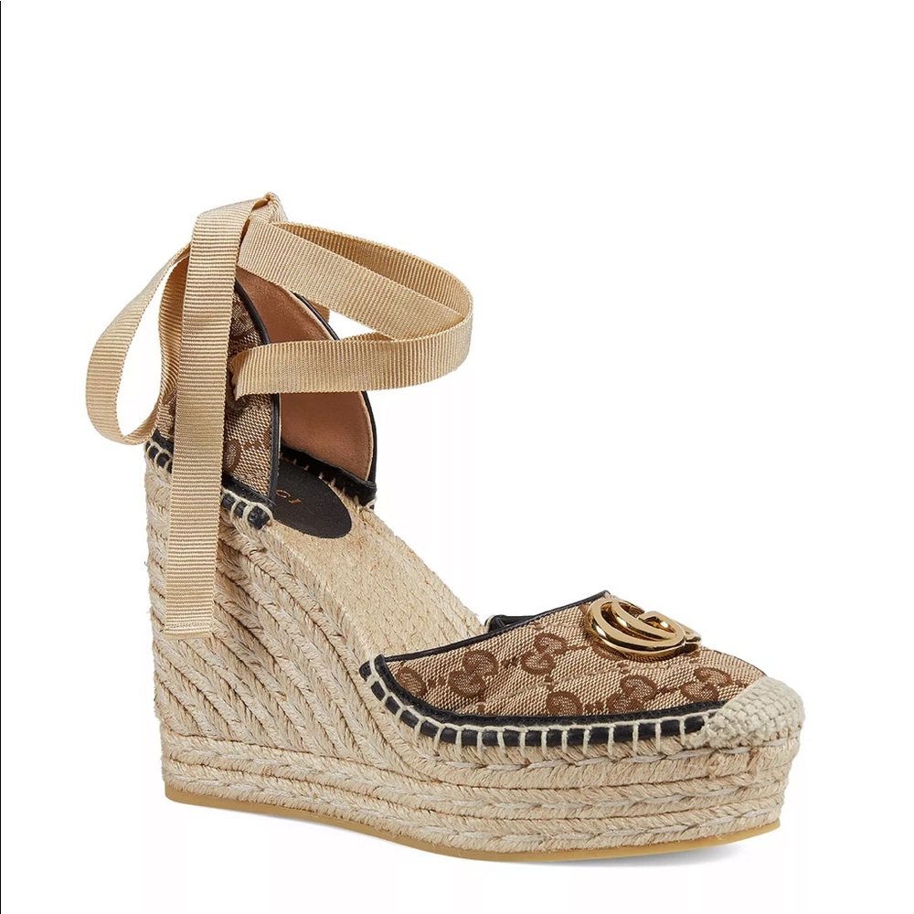 NEW Gucci Ankle Tie Wedge Platform Espadrilles